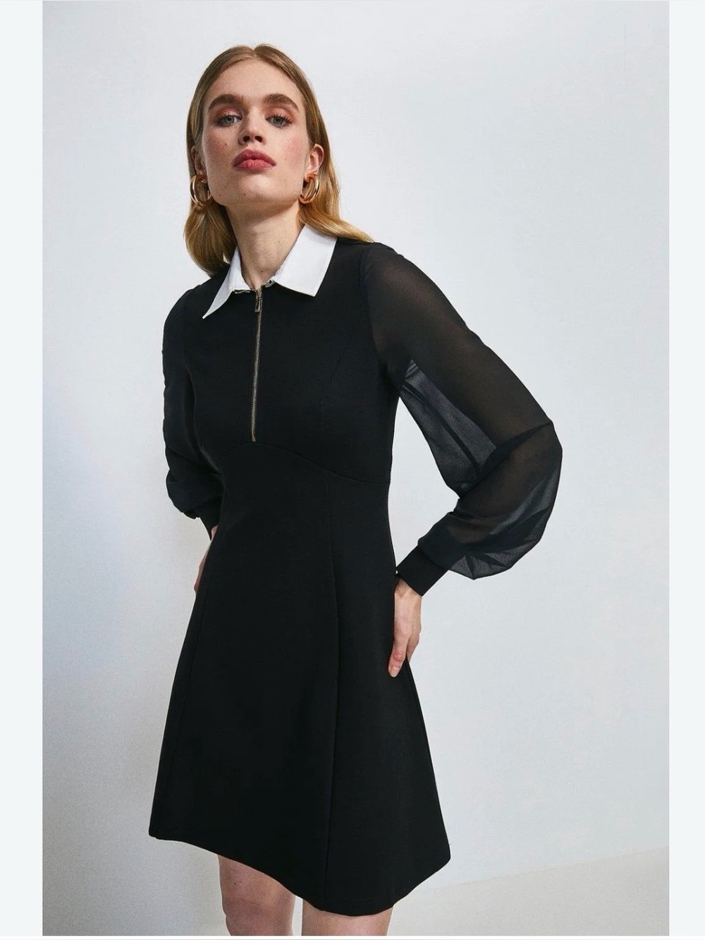 En focus Studio Black Dress with White Collar and Zip Front